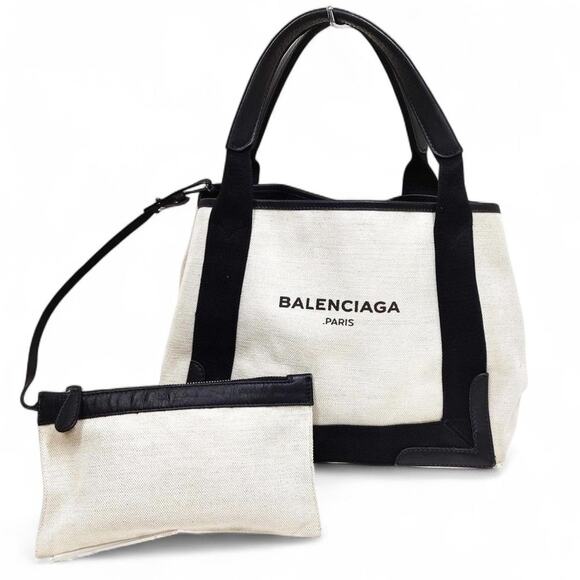Chic Balenciaga Cabas Canvas Black Cream Mini Tote Satchel Bag Pouch Minimalist - Picture 1 of 8